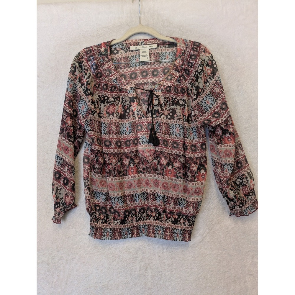 American Rag Women's Size S Red Boho Peasant Top Paisley Smocked Hem Tassels